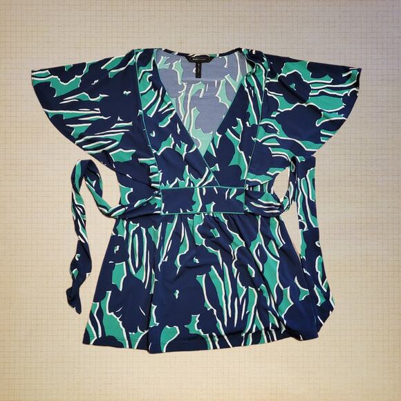 BCBGMAXAZRIA, M | y2k Flutter Sleeve Deep V Neck Tunic Waist Tie Top - Picture 1 of 5